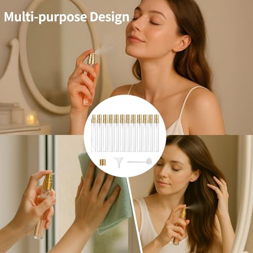 50 Pcs 10 ml Perfume Bottles - Refillable Glass Mini Spray Bottles, Portable Travel Sample Containers, Fine Mist Atomizers with Caps, Includes 2 Funnels and 2 Dispensers, Ideal for Liquids 6
