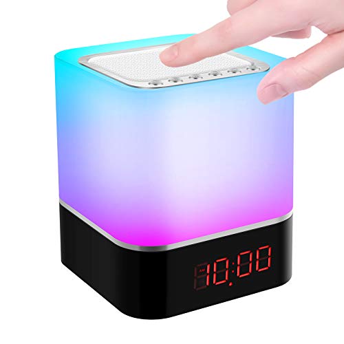 Altavoz Bluetooth 5 en 1 con lámpara de mesita de noche Touch regulable, lámpara LED Swonuk USB de 7 colores con despertador, manos libres, reproductor de MP3, con tarjeta SD, USB y Bluetooth, niños Cover