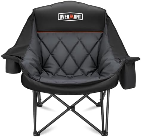 Overmont Oversized XL Camping Chair for Adults - 450lbs Support Heavy-Duty Padded Folding Chair with Side Pocket Cup Holder Cooling Bag for Outdoor Sports Garden Beach Fishing Lawn Black