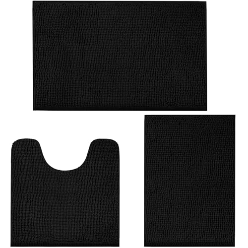 LINLA 3 Pieces Bathroom Rug Set, Absorbent Non Slip Chenille Bath mat, Thick Plush Chenille Carpet...