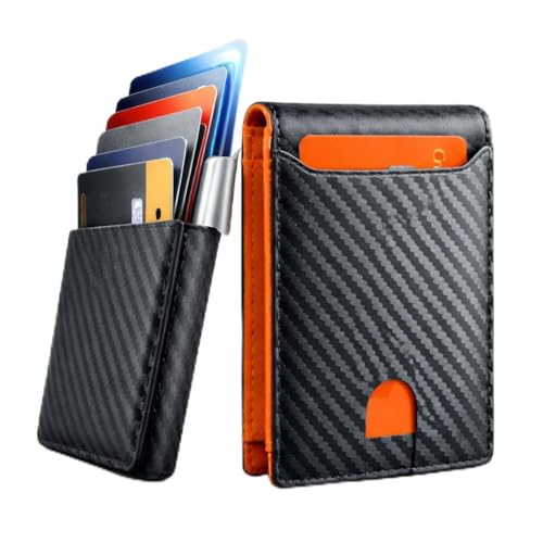Carteira Slim Antifurto RFID Luxo em Fibra de Carbono – Design Fino, Acesso Rápido com Ejetor, Proteção RFID para 6 Cartões, Couro Sintético, Preta com Laranja