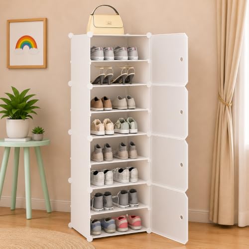 Image of Plastic Shoe Rack for Home with Door | 8-Shelf DIY Shoe Cabinet Organiser | Stores 16 Pairs | Foldable & Waterproof Shoe Stand for Entryway, Bedroom