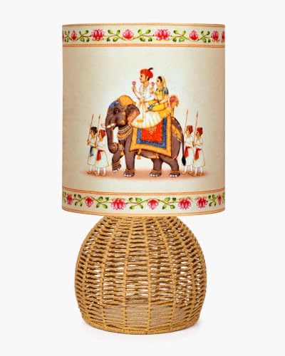 Image of Homesake Handwoven Rattan Table Lamp with Fabric Shade | Boho Bedside Lamp for Bedroom | Decorative Cane Lamp for Living Room | Warm Ambient Lighting | Raffia Round Home Decor, Rajasthani Shade