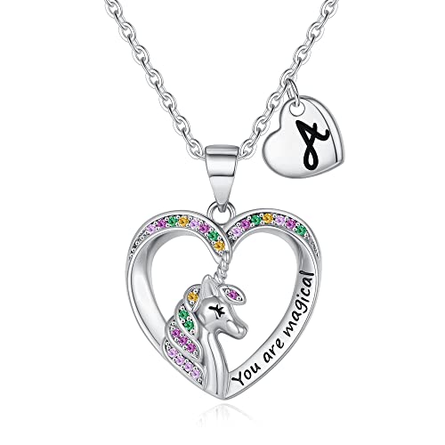 Unicorn Necklaces for Girls - 14K Gold/White Gold/Rose Gold Plated CZ Heart Pendant Jewelry, Toddler and Teen Initial Necklaces, Colorful Unicorn Gifts