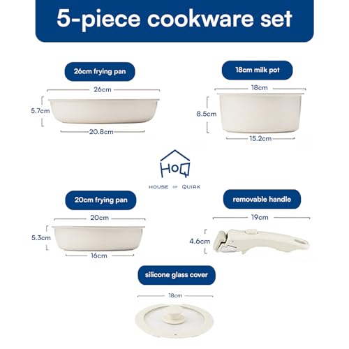 Image of House of Quirk Maifan Stone Nonstick Cookware Set 5-Piece | Detachable Handle Pots & Pans | Stackable, Induction & Oven Safe Kitchen Set (Granite Beige)