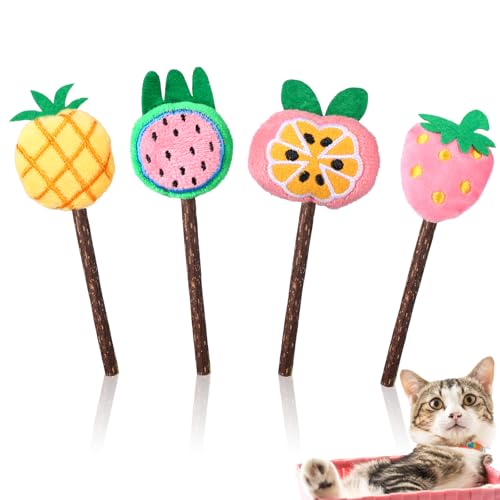Ptwola 4 Pcs Natural Fruit Silvervine Sticks Cat Kittens Chew Toys Indoor Lollipops Interactive Cat DentalTeething Nip Treat Toys Care Teeth Cleaning for Bored Essentials Increase Appetite Kicker