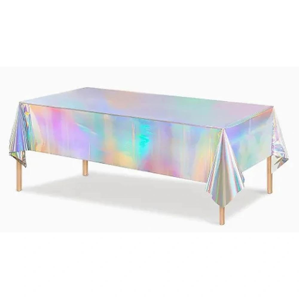 10PCS Iridescent Party Table Cloth Set, 137x274cm & 18in Star Balloons