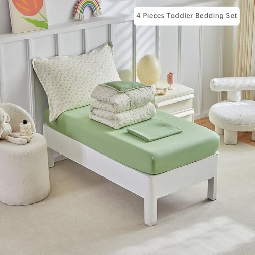 Image of DuShow Toddler Bedding Set for Girls and Boys,4 Piece Bed-in-a-Bag Toddler Comforter Sets,Green Floral Crib Bedding Sheets Set,Include Quilt Comforter,Flat Sheet,Fitted Sheet,Pillowcase