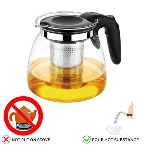 Image of Borosilicate Round Glass Tea Pot with Heat Resistant Stainless Steel Infuser Perfect for Tea and Coffee Maker, Clear Glass Kettle (TEAPOT with Black Handle) 1000ml (roung Kettle)