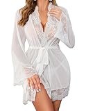 Avidlove Women Lace Kimono Robe Babydoll Sexy Lingerie Mesh Chemise Nightgown Cover Up White