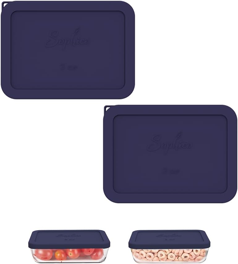 Sophico 3 Cup Rectangle Silicone Storage Cover Lids Replacement for Pyrex 7210-PC Glass Bowls, Container not Included (NAVY BLUE, 2 Pack)