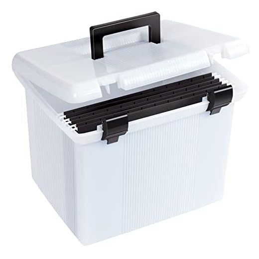 Pendaflex Portable File Box, Frosted White, Hinged Lid with Double Latch Closure, 3 Black Letter Size Hanging Folders Included (41745AMZ)