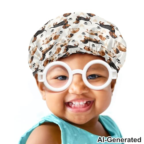 Image of Kids Hair Cover Cute Dachshund Satin Bonnet Sleep Cap Dog Paws Print Beanie Hat with Adjustable Elastic Band for Night Sleeping Easy to Clean Headwear for Girls Boys Toddler Children Baby