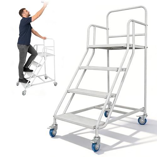 Image of 4-Step Rolling Ladder with Handrails 4 Lockable Wheels, Rolling Stairs with 39.4 inch Heigh Anti-Slip Platform with Fencehail, Industrial Platform Ladder for Supermarket Warehouse Factory, 23.6 inch W x59 H