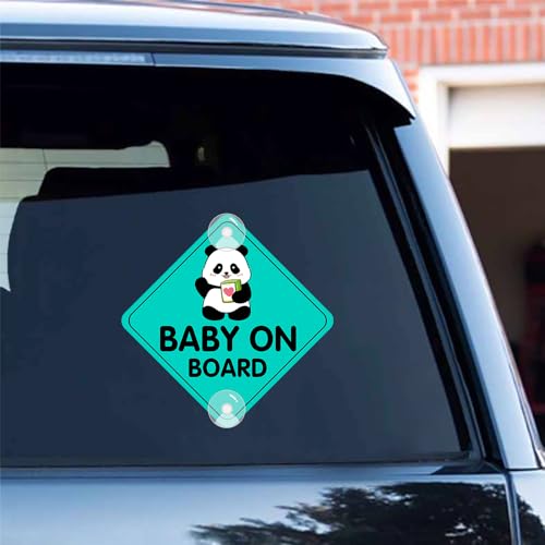 Image of Baby On Board Sticker for Cars, Cute Panda PVC Car Suction Cup Kids On Board Safety Warning Sign for Car Rear Side Window (1PCS, Suction Cup, Mint Green)