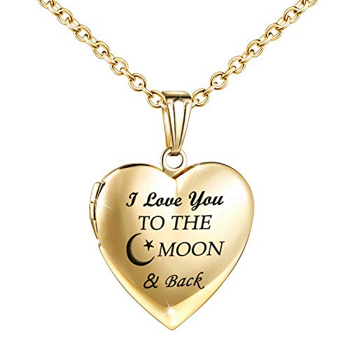 Image of Love Heart Locket Necklace That Holds Pictures I Love You to The Moon and Back Engraved Photo Locket for Woman Jewellery