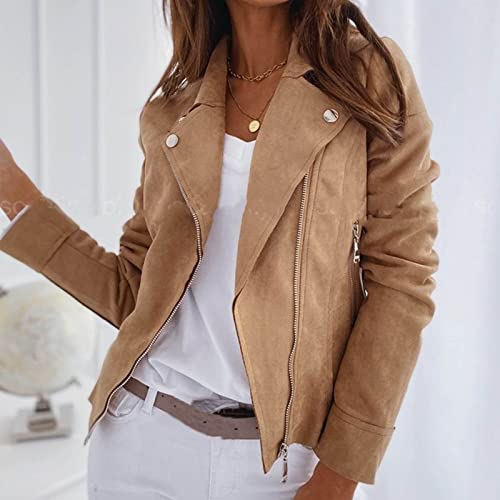 Hthlvmd Women's Short Soft Zip Up Faux Suede Biker Moto Jacket 2023 Khaki #TOP5