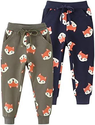 AQEACARMON Toddler Baby Boy's Cartoon Print Dinosaur Car Animal Cotton Pants Drawstring Elastic Sweatpant(1-Pack 2-Pack)(Dark Blue+ Fox 1-2T)