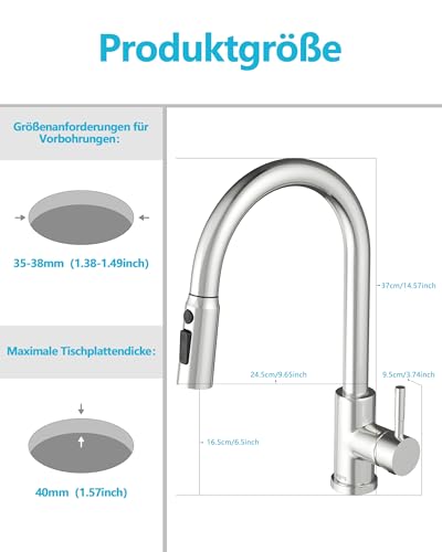 Küchenarmatur, Hochdruck Wasserhahn Küche Ausziehbar, Drei Strahlarten mit Küchenarmaturen, 360°-Drehbare Wasserhahn küche, Edelstahl-Armatur Küche(Edelstahl Gebürstet)