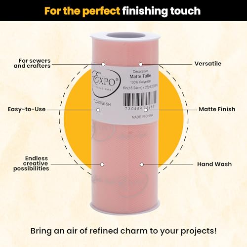 Image of Expo International Decorative Matte Tulle, Roll /Spool of 6 Inch x 25 Yards (Pack of 1), Polyester-Made Tulle Fabric, Matte Finish, Lightweight, Versatile, Washable, Easy-to-Use, Blush Pink