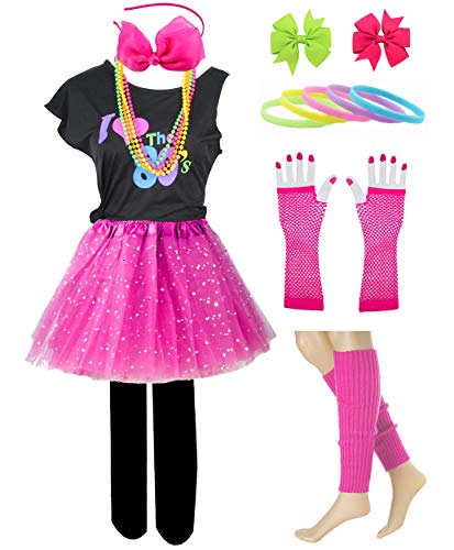 Image of Kid Girl I Love 80s T-Shirt 1980s Star Sequin Tutu Skirt with Neon Necklace Bow Headband Hair Clip Set (7 /8, Hot Pink)