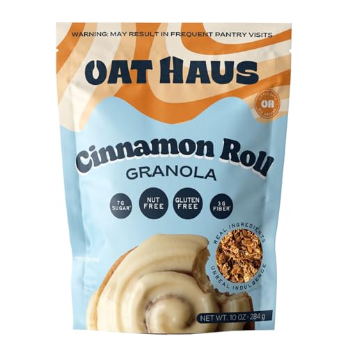 Oat Haus Cinnamon Roll Granola (10 oz Bag) – Low Sugar (7g), 3g Fiber, Gluten Free, Vegan, Nut-Free – Cinnamon Swirl Crunch, Resealable Pouch