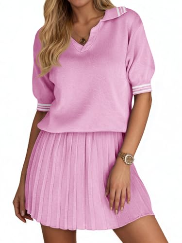 Fisoew Womens Summer 2 Piece Skirt Sets Short Sleeve V Neck Knit Sweater Tops Pleated Mini Skirt Casual Lounge Sets — view 2