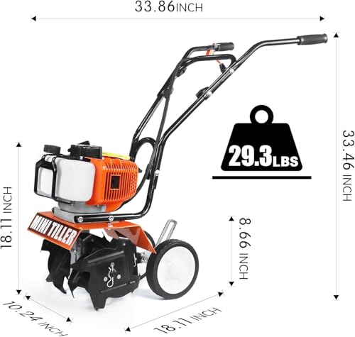 NEOTEC Mini Tiller Cultivator, 52cc 2 Stroke Gas Powered 4 Premium Steel Adjustable Forward Rotating Tines, Height Adjustable Wheels for Garden & Lawn, Digging