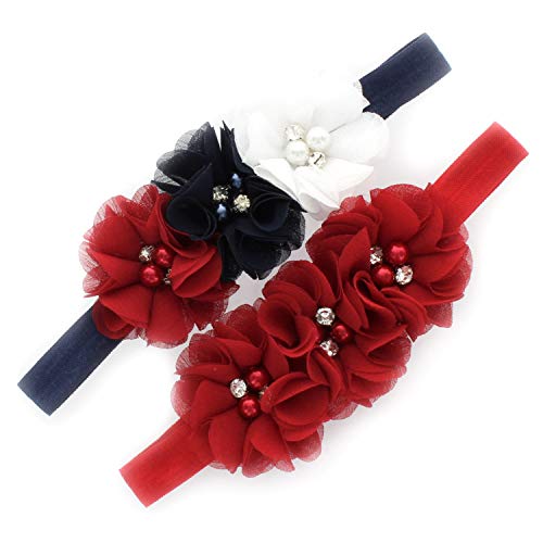 My Lello Girls Flower Headbands Toddler Fabric Beaded Trio Stretchy Elastic Pair (Red/Navy/White/Red)
