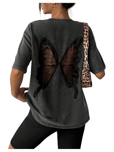 Women's Butterfly Graphic Oversized Tee Shirt Vintage Cut Out Half Sleeve Crew Neck T-Shirt Going Out Tops