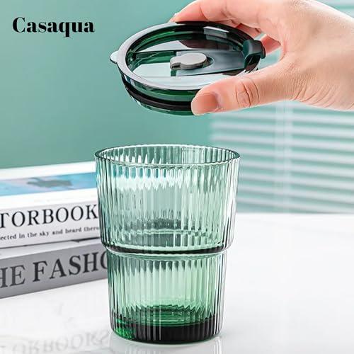 Image of Premium Ribbed Drinking Glass Tumbler with Lid & Straw - 400ml, Set of 1, Reusable Green Minimalist Mug for Iced Coffee, Juice, Smoothies & Cold Beverages, Leak-Resistant Travel Cup