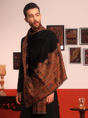 Image of Pashmoda Men Arcadia Borders Jamawar Shawl, Stole and Wrap, Sustainable and Natural Fabric, Heritage Kashmiri Pashmina, Medium Size for Gents, (Size 40x80 Inches)