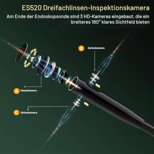 Hiacinto Endoskopkamera mit Licht 20m, 5-Zoll-IPS- Bildschirm DREI Linsen Endoskop, IP68 Wasserdicht...