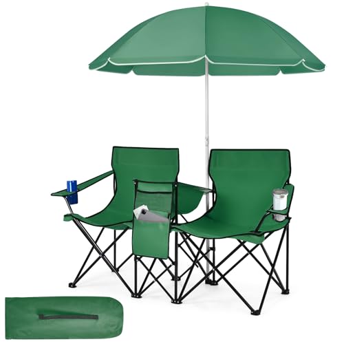 Tangkula Double Camping Chairs w/Adjustable Umbrella & Carrying Bag