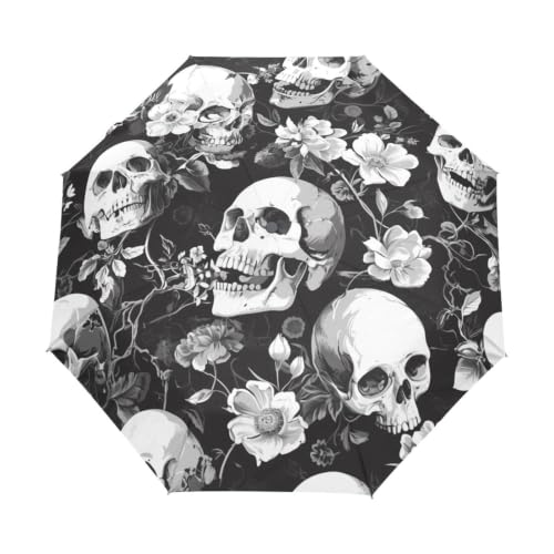 Parapluie Pliant Automatique Crânes et Fleurs Idée Cadeau Originale Voyage