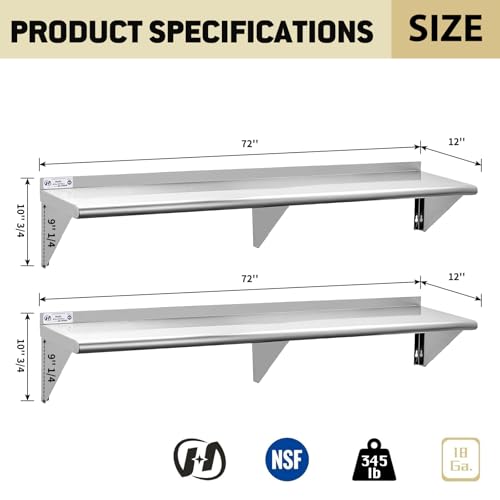Image of Hally Stainless Steel Shelf Wall Mounted Metal Shelf Wall Shelf 12 x 72 NSF Heavy Duty 345 lb Capacity, Commercial Wall Mounted Storage Rack for Kitchen, Garage, Laundry Room 2 Pack