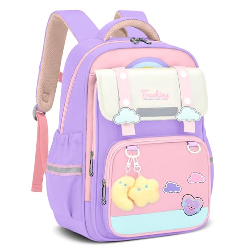 Tanou Schulranzen Mädchen, Ergonomisch Rucksack Schule Kinder 1. bis 3. Klasse, Wasserabweisend Schulrucksack Grundschule mit Reflektierend für Mädchen, 20 Liter, Lila/Rosa