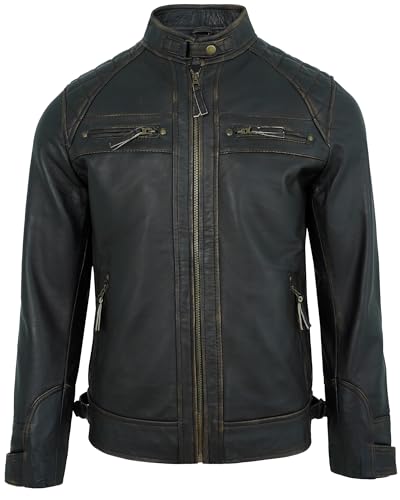 Image of Leather Jacket Men - Real Lambskin Motorcycle Jacket with Snap Tab Collar, Adjustable Waist & Zippered Pockets