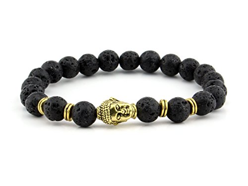 Natural Lava 8Mm Gemstone Bead Golden Buddha Stretchable Band Yoga Bracelet Fits All Men Women #TOP2