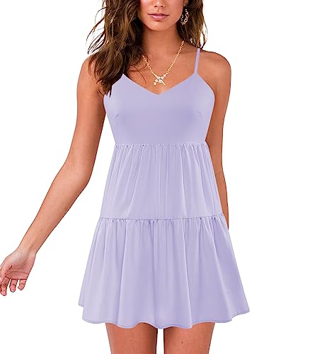 Image of Nova In Sky Womens Summer Mini Dresses Sleeveless Casual V-Neck Sundresses | Spaghetti Strap Casual Boho Mini Dress, Backless Ruffle A Line Mini Swing Skater Dress, Beach, Vacation, Concert, Graduation