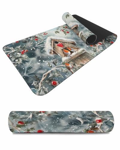 Debedcor Heat Proof Table Pads Waterproof Decorative, Merry Christmas Non-Slip Table Countertop Protector, Winter Rustic Birds Snow Scenery Insulation Mat for Dining Room, 48 x 12 Inches