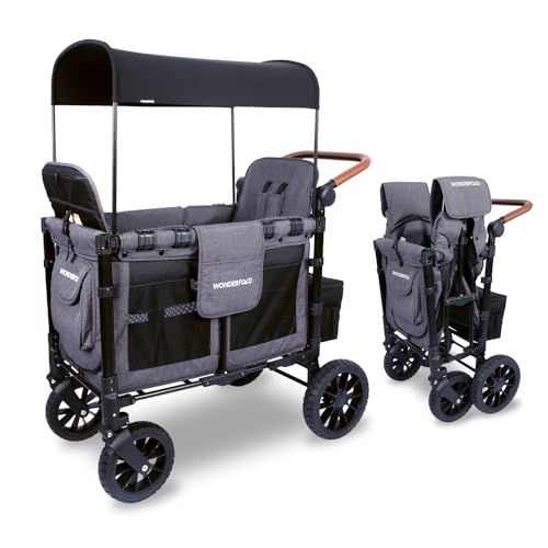 Image of WONDERFOLD W2 Luxe Stroller Wagon (2 Seater) - Collapsible Wagon Stroller with Seats with Magnetic Buckle 5-Point Harnesses and Adjustable Sun Canopy, Charcoal Gray