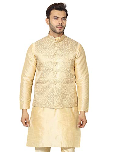 Image of Uri and MacKenzie Men's Silk Blend Regular Kurta Churidar Pyjama with Bundi Nehru Jacket /Waistcoat