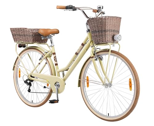 damen fahrrad 24 Zoll Stadtrad,Damen Männlich Cityräder Retro Vintage Citybike 6 Gang-Getriebe Schnellfaltsystem falten Fahrrad+Rücklicht+Korb+Glocke(Versand aus deutschem Lager)Farbe:beige+hellbraun