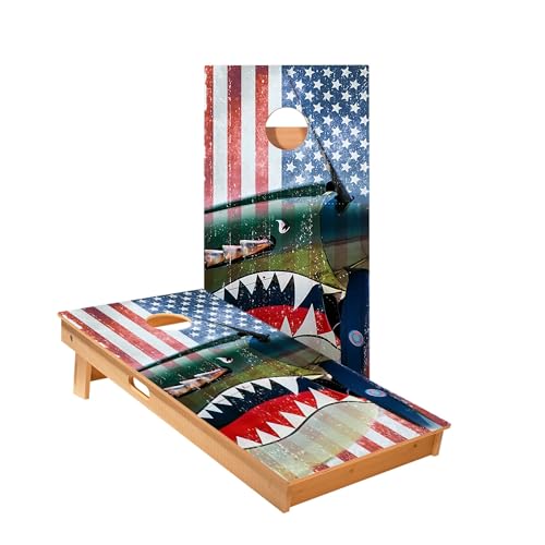 Skip's Garage Vintage American Flag Plane Cornhole Boards - Includes (2) Boards (Resin Bags) + (1) Case & (2) Hole Lights