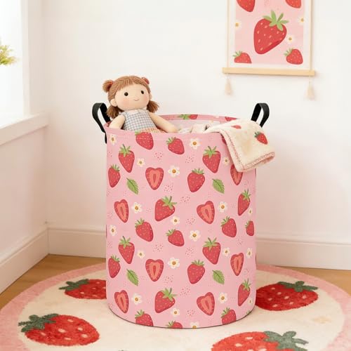Image of Round Laundry Basket Collapsible Storage Hamper Flower Strawberry | Waterproof Canvas Foldable Baskets with sturdy Handles Multi-scene Organizer for Home Play Bedroom Gift Bin