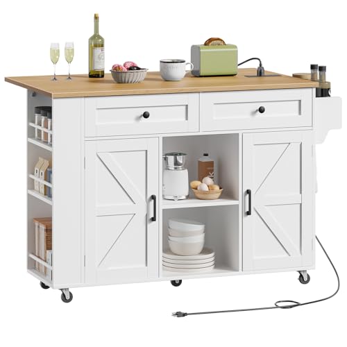 Image of HOOBRO Kitchen Island on Wheels, Kitchen Storage Island with Power Outlet & Drop Leaf, Island Table with Open Shelves, 2 Drawers, for Kitchen, White and Natural WN35UZD01