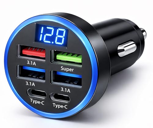 Cargador de Coche Carga rapida USB, 6 Puertos con Pantalla LED Digital, 66W, Adaptador de Carga Rápida QC3.0, Color Negro   Cargador movil para Coche.