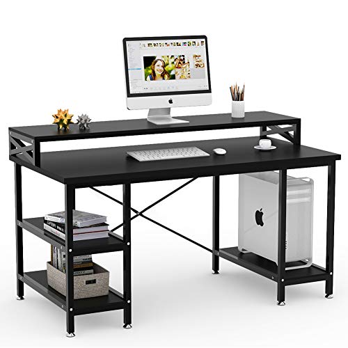Tribesigns Computer Desk with Storage Shelves, 55 inch Large Modern Office Desk Computer Table Studying Writing Desk Workstation with Hutch for Home Office (Black)
