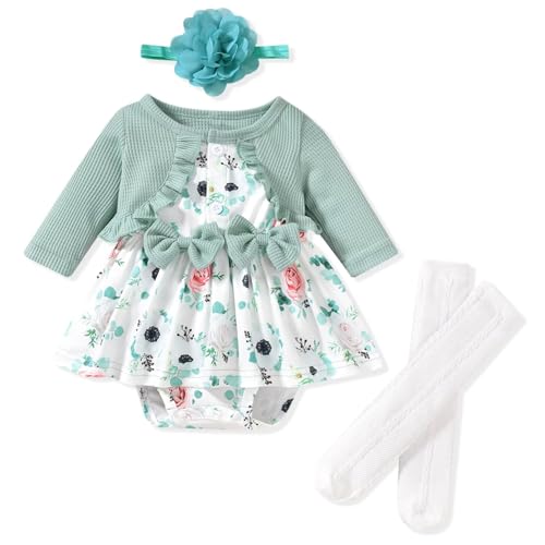 Image of Unutiylo Baby Girl Fall Winter Outfit Dress Floral Print Long Sleeve Romper Clothes with Headband